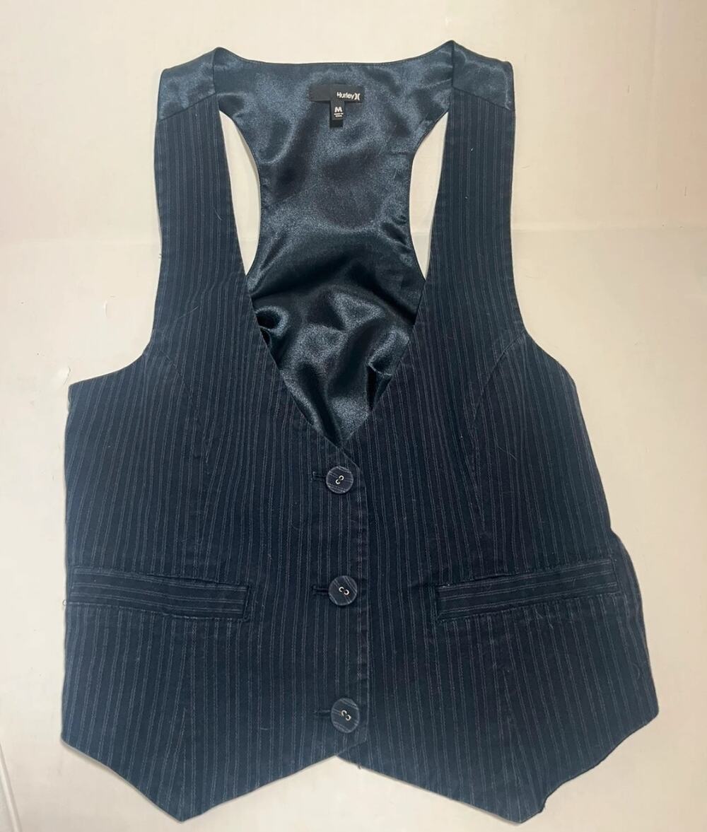 Hurley Vintage Y2K Dark Navy Cotton PinStripe Vest Sz M Lizzie McGuire Boho 90s